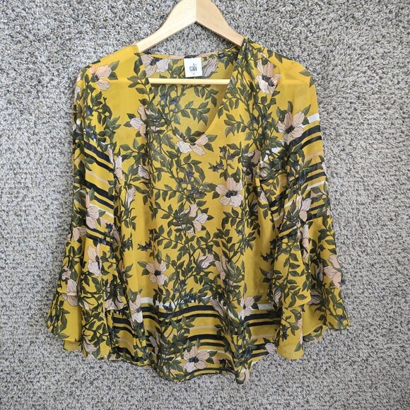 CAbi Top Womens Small Yellow Spring‎ Scene Blouse Bel Sleeve Sheer Style 5518 - Picture 1 of 7